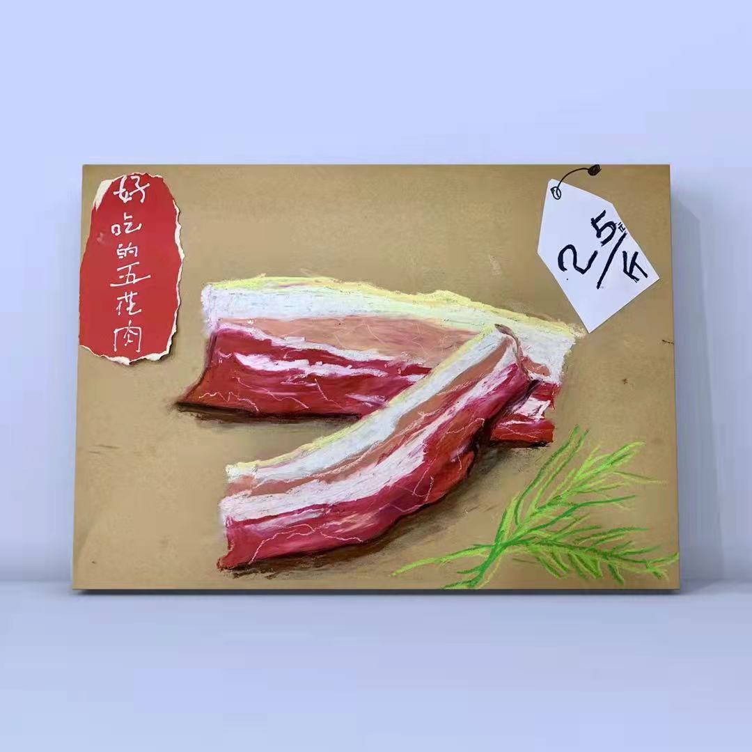 《好吃的五花肉》
通过图片导入了解五花肉名字的由来，小朋友仔细观察五花肉的形状、颜色、纹理等。学习用重彩棒画出五花肉。
